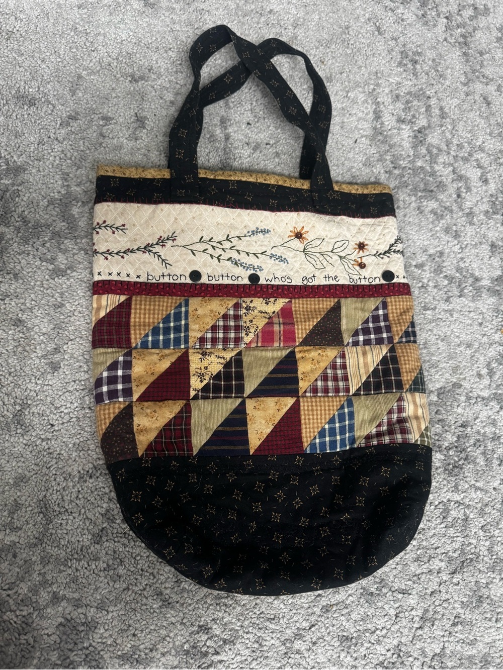 Handmade Primitive Patchwork Quilted Tote Bag Embroidered Folk Art